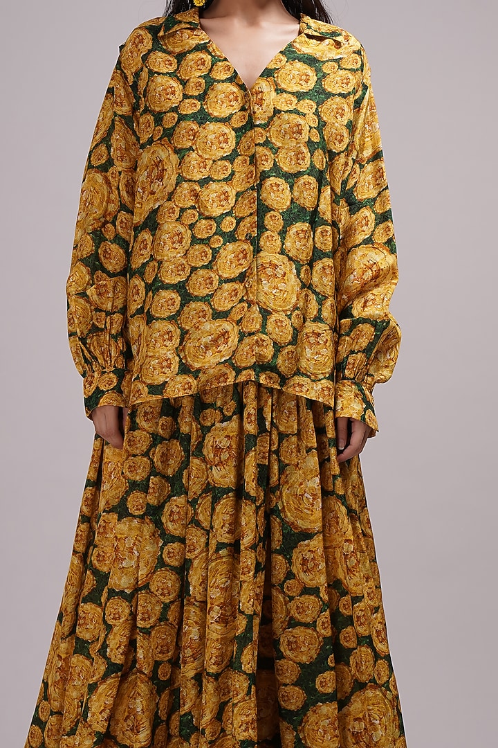 Yellow-Green Upada Silk & Cotton Voile Floral Printed Skirt Set by Breathe By Aakanksha Singh at Pernia's Pop Up Shop