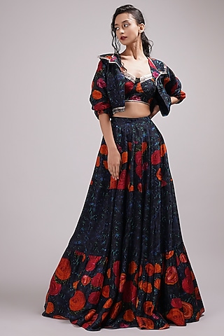 Navy Blue Upada Silk Floral Printed Jacket Lehenga Set by Breathe By Aakanksha Singh