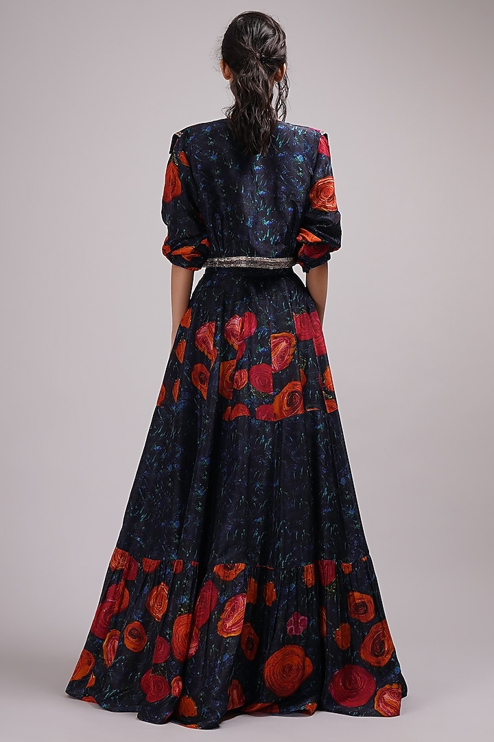 Navy Blue Upada Silk Floral Printed Jacket Wedding Lehenga Set by Breathe By Aakanksha Singh at Pernia's Pop Up Shop