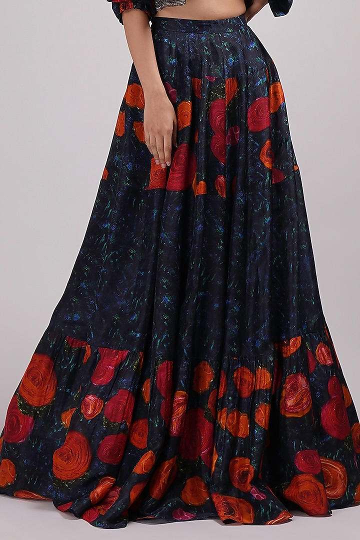 Navy Blue Upada Silk Floral Printed Jacket Wedding Lehenga Set by Breathe By Aakanksha Singh at Pernia's Pop Up Shop