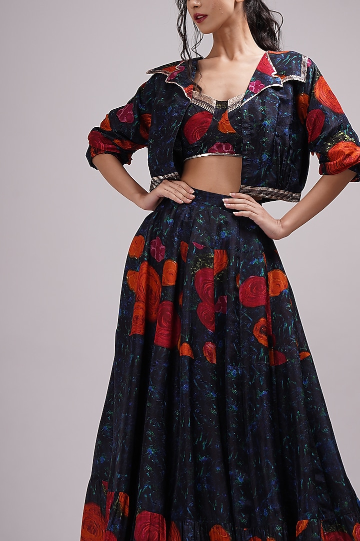 Navy Blue Upada Silk Floral Printed Jacket Wedding Lehenga Set by Breathe By Aakanksha Singh at Pernia's Pop Up Shop