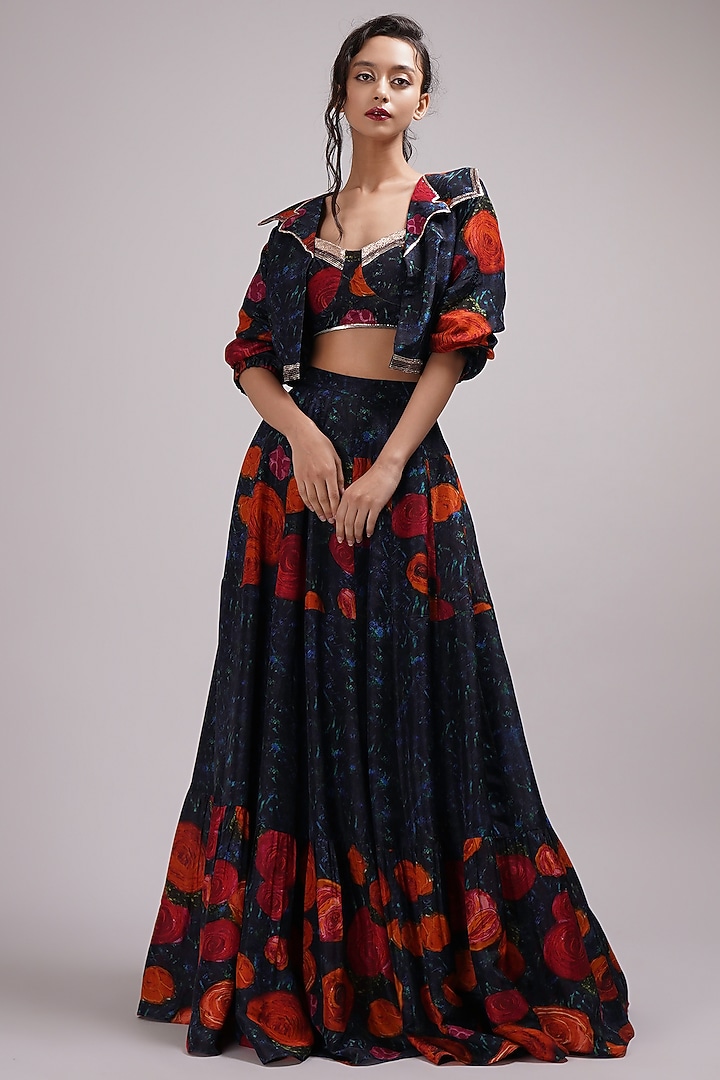 Navy Blue Upada Silk Floral Printed Jacket Wedding Lehenga Set by Breathe By Aakanksha Singh at Pernia's Pop Up Shop
