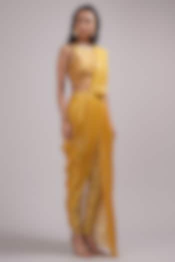 Mustard Upada Silk & Shimmer Georgette Handpainted Pant Saree Set by Breathe By Aakanksha Singh