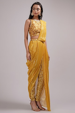 Mustard Upada Silk & Shimmer Georgette Handpainted Pant Saree Set by Breathe By Aakanksha Singh