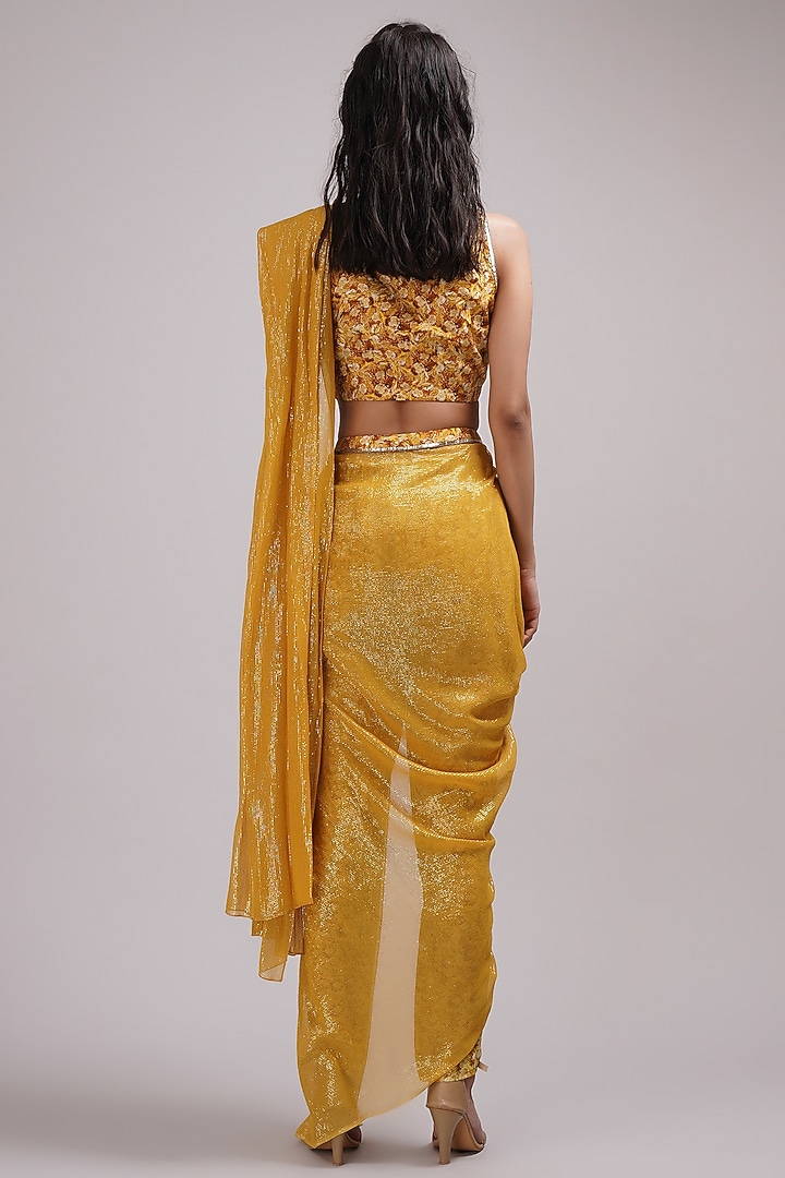 Mustard Upada Silk & Shimmer Georgette Handpainted Pant Wedding Saree Set by Breathe By Aakanksha Singh at Pernia's Pop Up Shop
