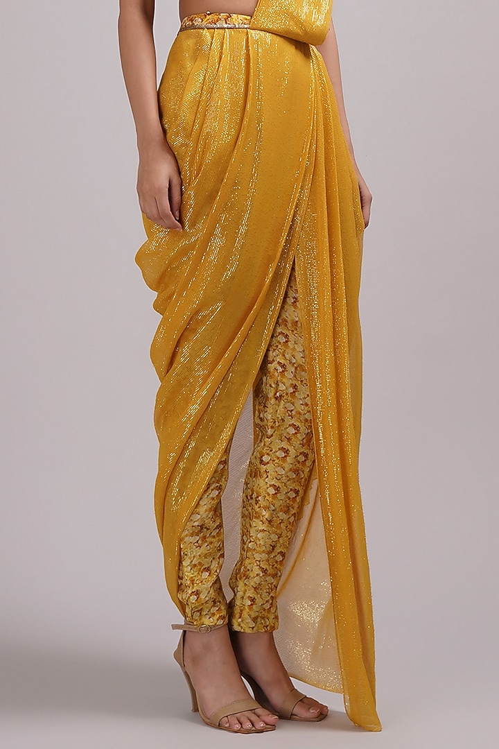 Mustard Upada Silk & Shimmer Georgette Handpainted Pant Wedding Saree Set by Breathe By Aakanksha Singh at Pernia's Pop Up Shop