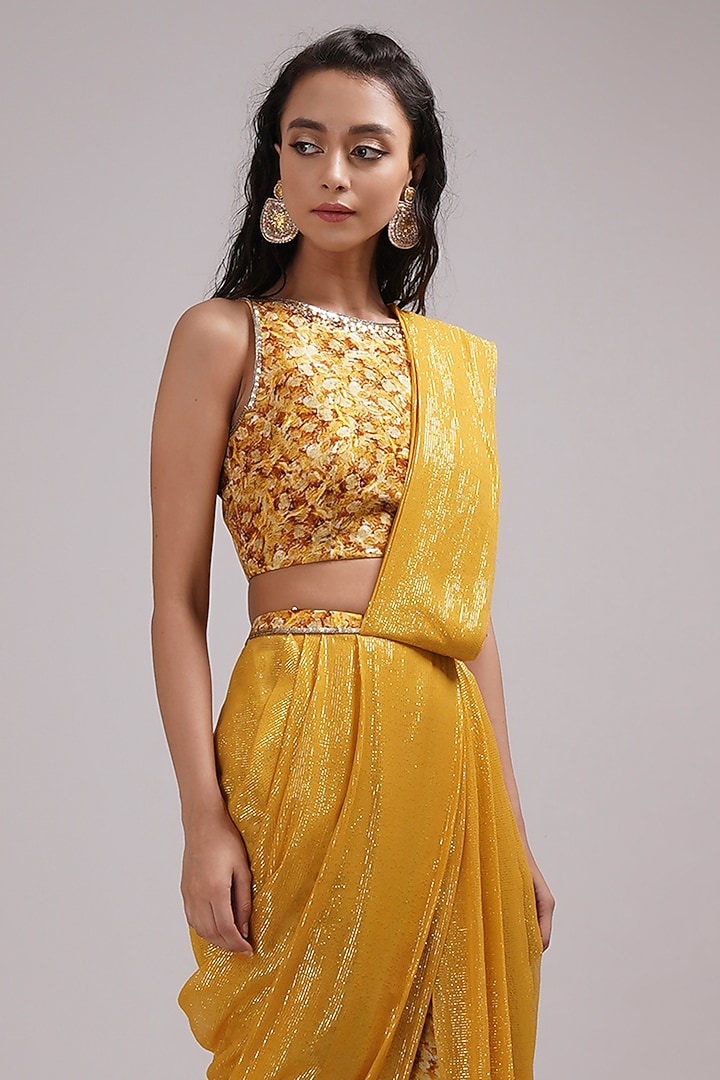 Mustard Upada Silk & Shimmer Georgette Handpainted Pant Wedding Saree Set by Breathe By Aakanksha Singh at Pernia's Pop Up Shop