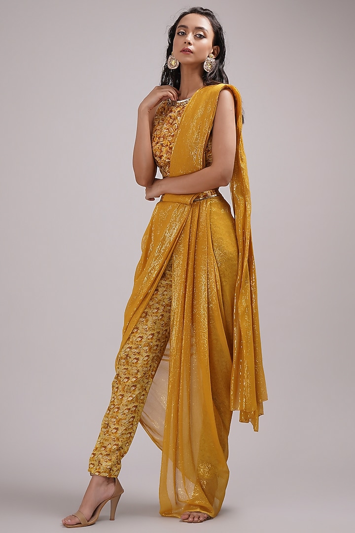 Mustard Upada Silk & Shimmer Georgette Handpainted Pant Wedding Saree Set by Breathe By Aakanksha Singh at Pernia's Pop Up Shop