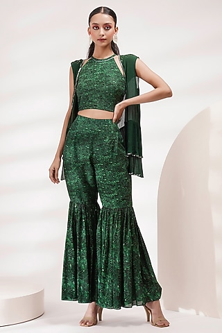 Green Cotton Voile & Upada Silk Hand Printed Sharara Set by Breathe By Aakanksha Singh