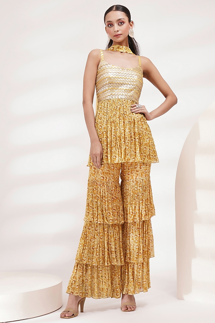 Yellow Chinon Hand-Painted Wedding Sharara Set by Breathe By Aakanksha Singh at Pernia's Pop Up Shop