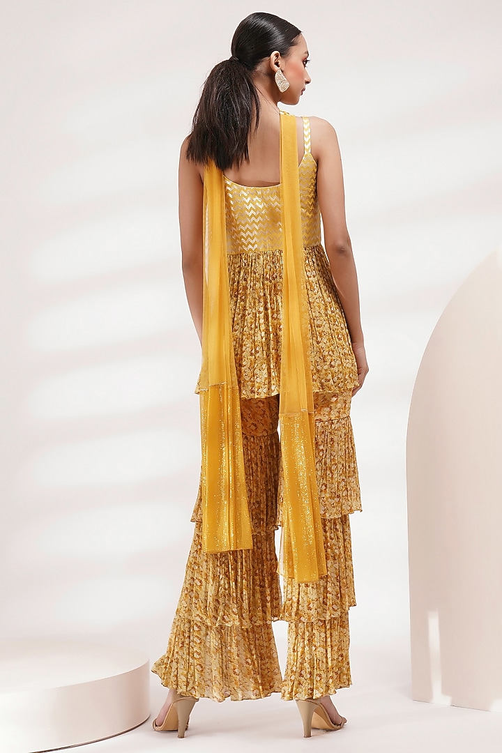 Yellow Chinon Hand-Painted Wedding Sharara Set by Breathe By Aakanksha Singh at Pernia's Pop Up Shop