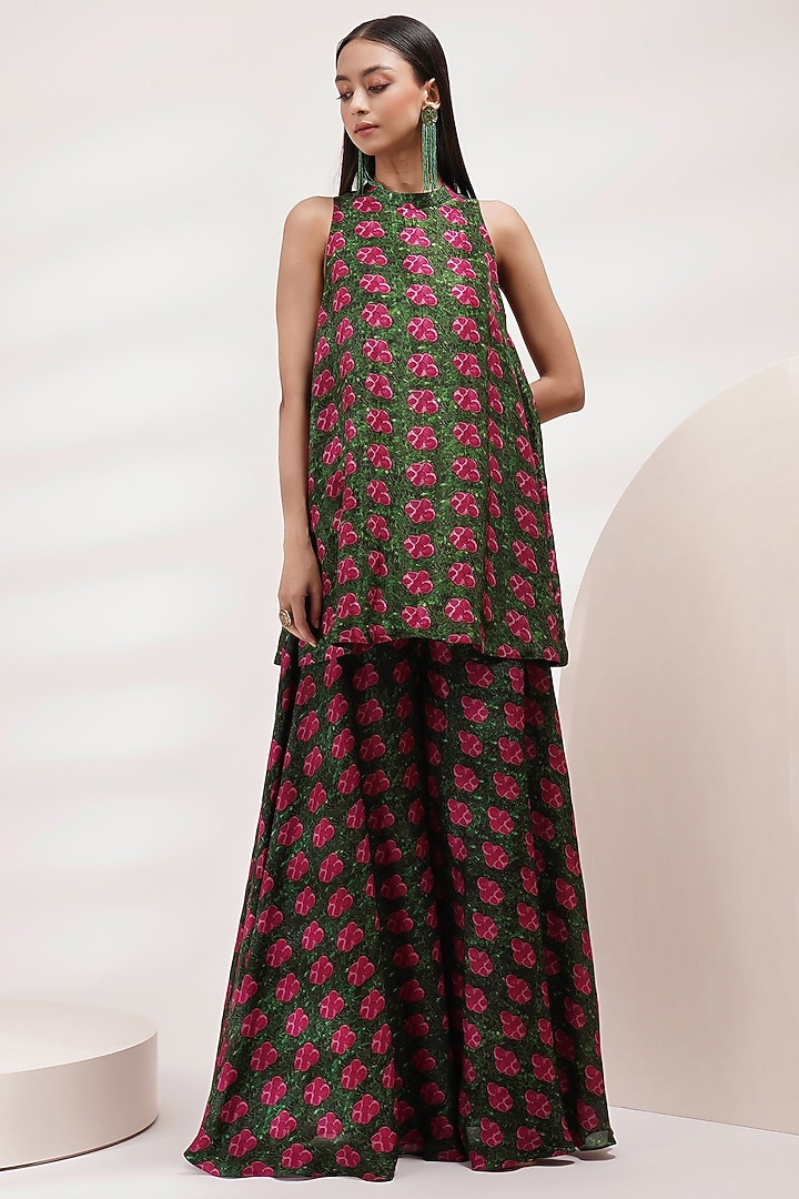 Pink-Green Upada Silk & Cotton Voile Printed A-Line Tunic Set by Breathe By Aakanksha Singh at Pernia's Pop Up Shop