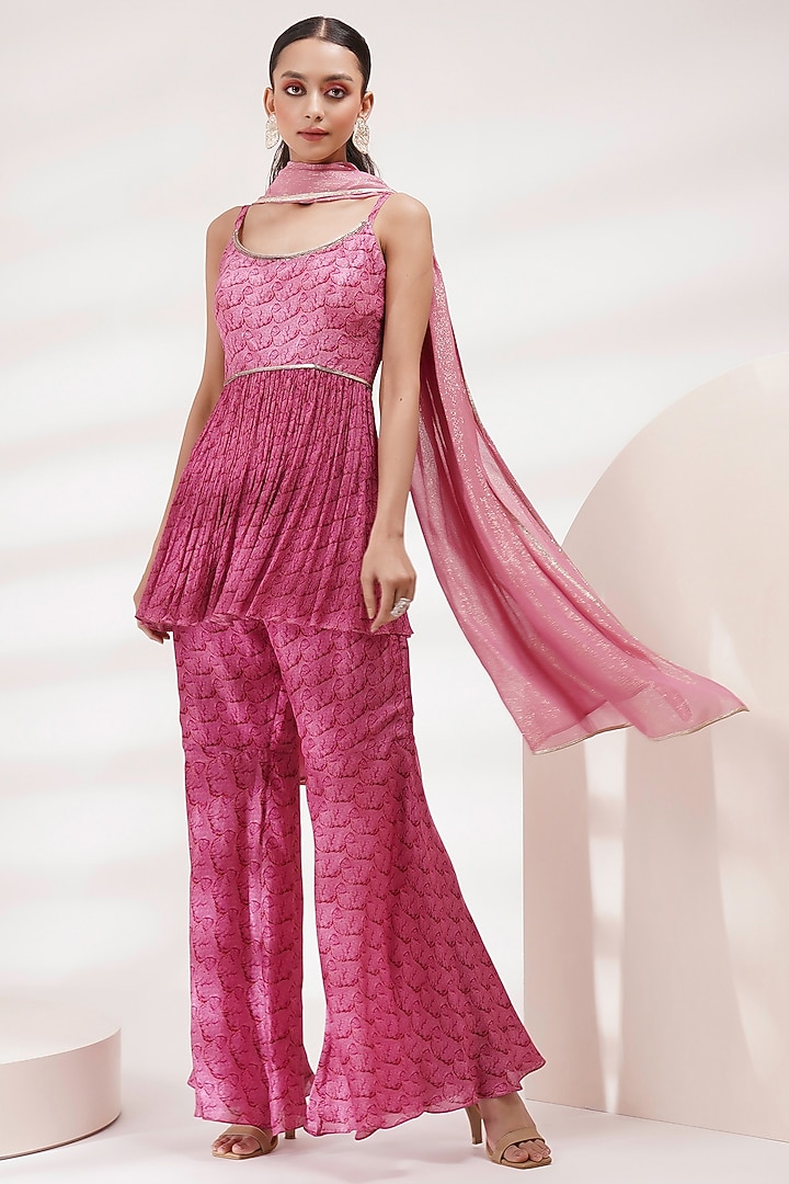 Rose Pink Upada Silk & Chinon Hand-Painted Wedding Sharara Set by Breathe By Aakanksha Singh at Pernia's Pop Up Shop