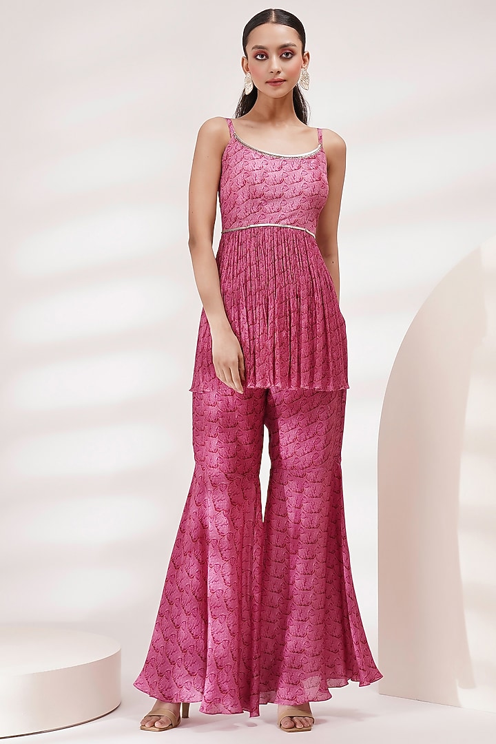 Rose Pink Upada Silk & Chinon Hand-Painted Wedding Sharara Set by Breathe By Aakanksha Singh at Pernia's Pop Up Shop