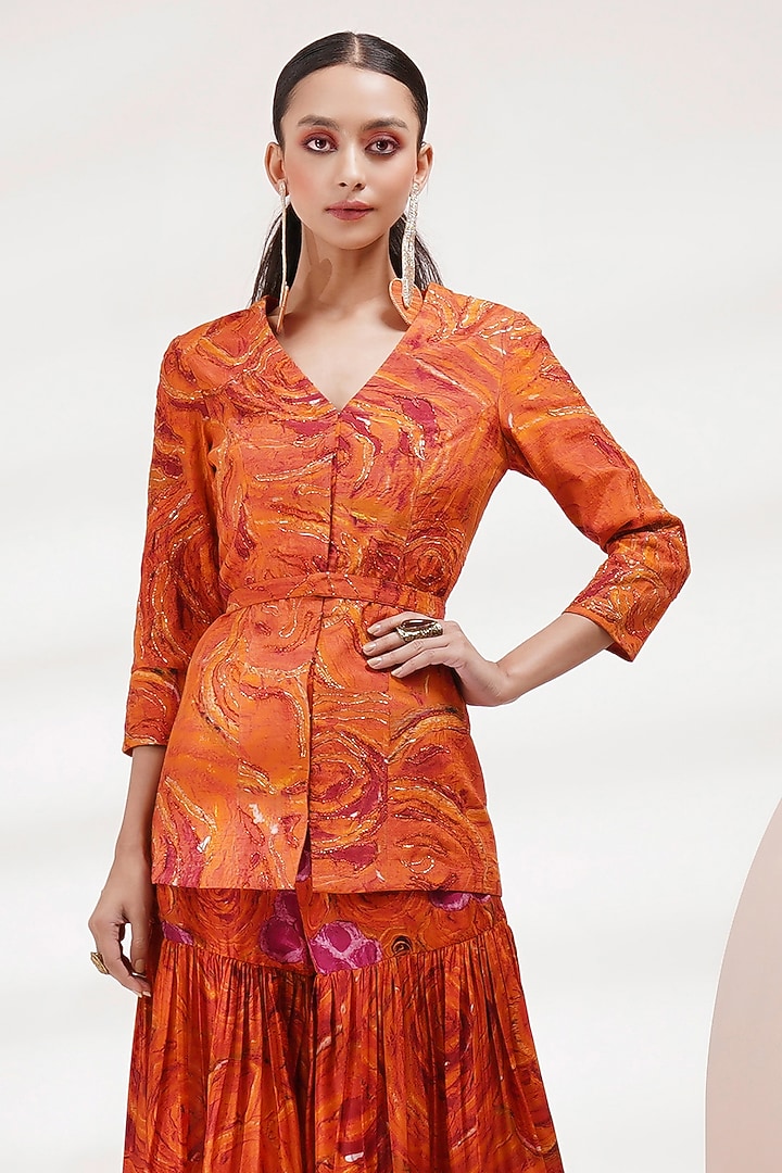 Orange Upada Silk Hand-Painted & Embellished Jacket Set by Breathe By Aakanksha Singh at Pernia's Pop Up Shop