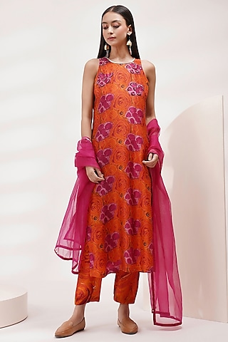 Orange-Pink Upada Silk Hand-Painted & Embellished Kurta Set by Breathe By Aakanksha Singh