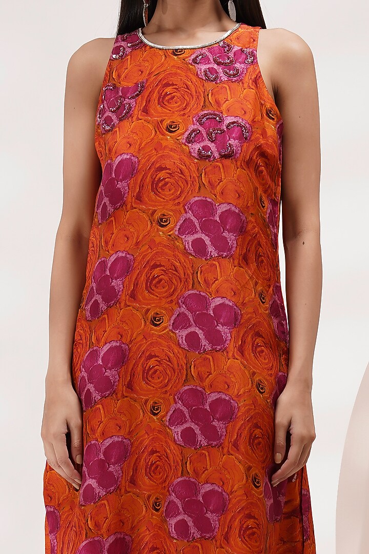 Orange-Pink Upada Silk Hand-Painted & Embellished Kurta Set by Breathe By Aakanksha Singh at Pernia's Pop Up Shop
