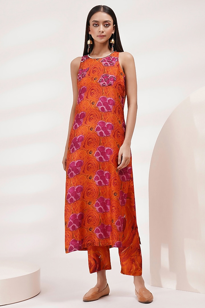 Orange-Pink Upada Silk Hand-Painted & Embellished Kurta Set by Breathe By Aakanksha Singh at Pernia's Pop Up Shop