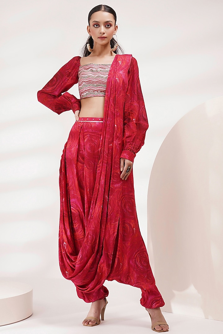 Red Dola Silk & Cotton Voile Dhoti Saree Set by Breathe By Aakanksha Singh