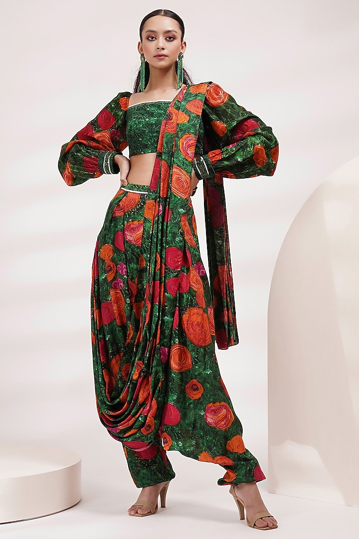 Green-Red Upada Silk & Cotton Voile Dhoti Saree Set by Breathe By Aakanksha Singh