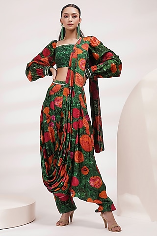 Green-Red Upada Silk & Cotton Voile Dhoti Saree Set by Breathe By Aakanksha Singh