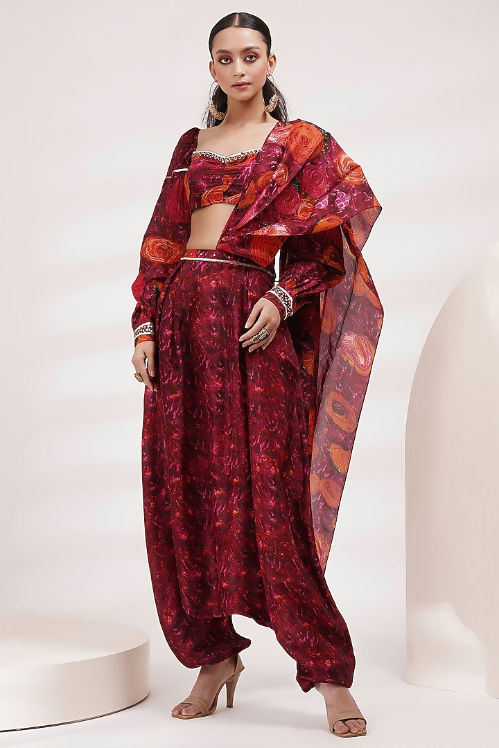 Maroon Upada Silk & Cotton Voile Dhoti Party Wear Saree Set by Breathe By Aakanksha Singh at Pernia's Pop Up Shop