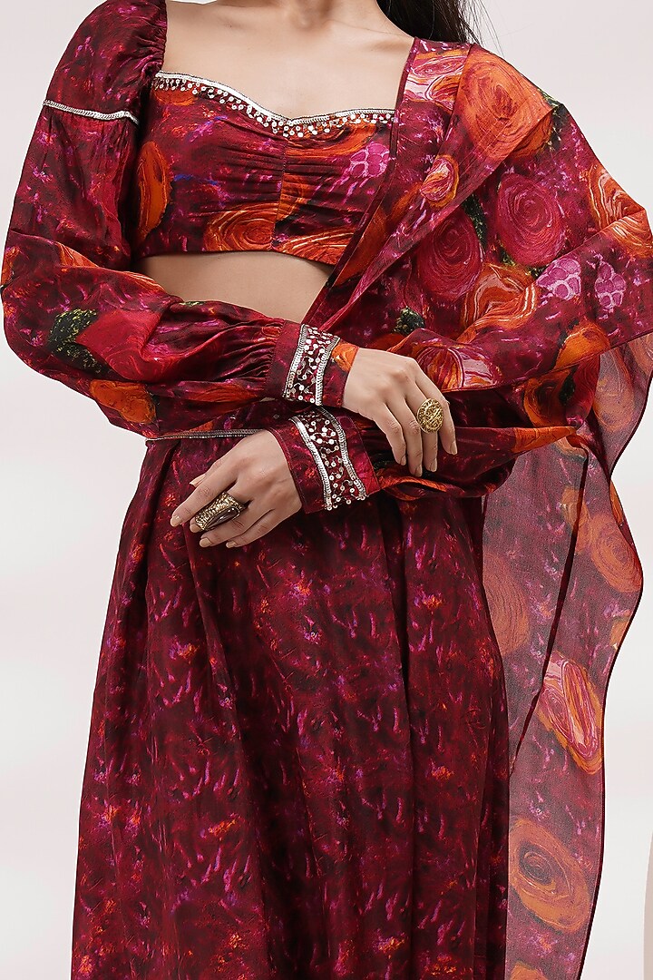 Maroon Upada Silk & Cotton Voile Dhoti Party Wear Saree Set by Breathe By Aakanksha Singh at Pernia's Pop Up Shop