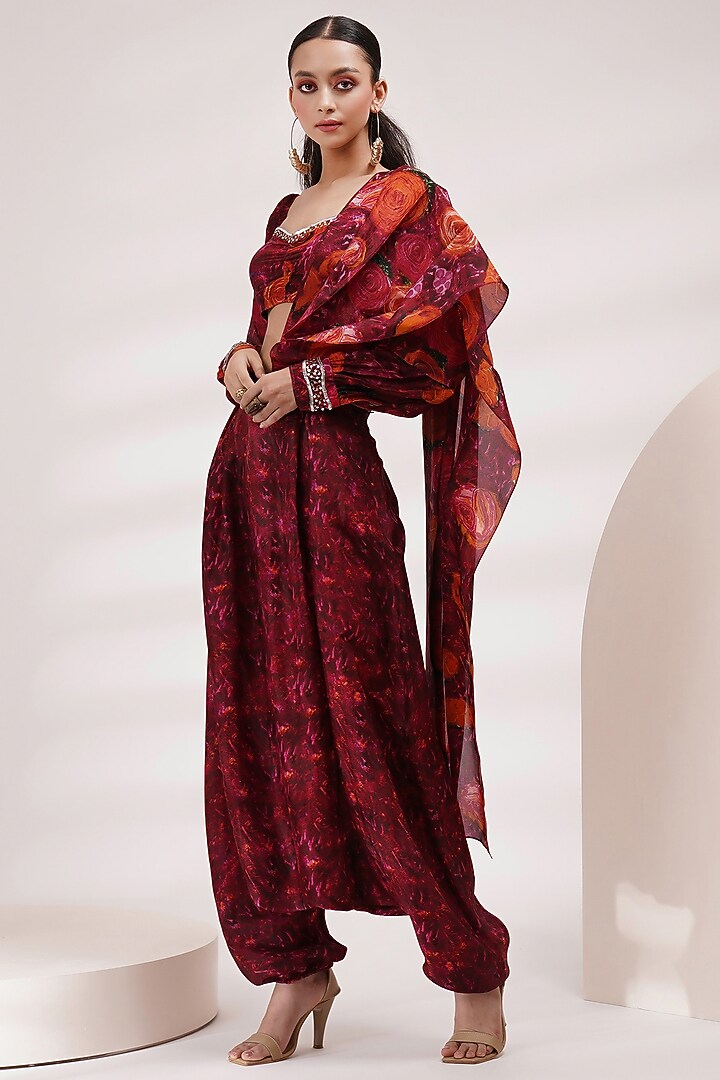 Maroon Upada Silk & Cotton Voile Dhoti Party Wear Saree Set by Breathe By Aakanksha Singh at Pernia's Pop Up Shop