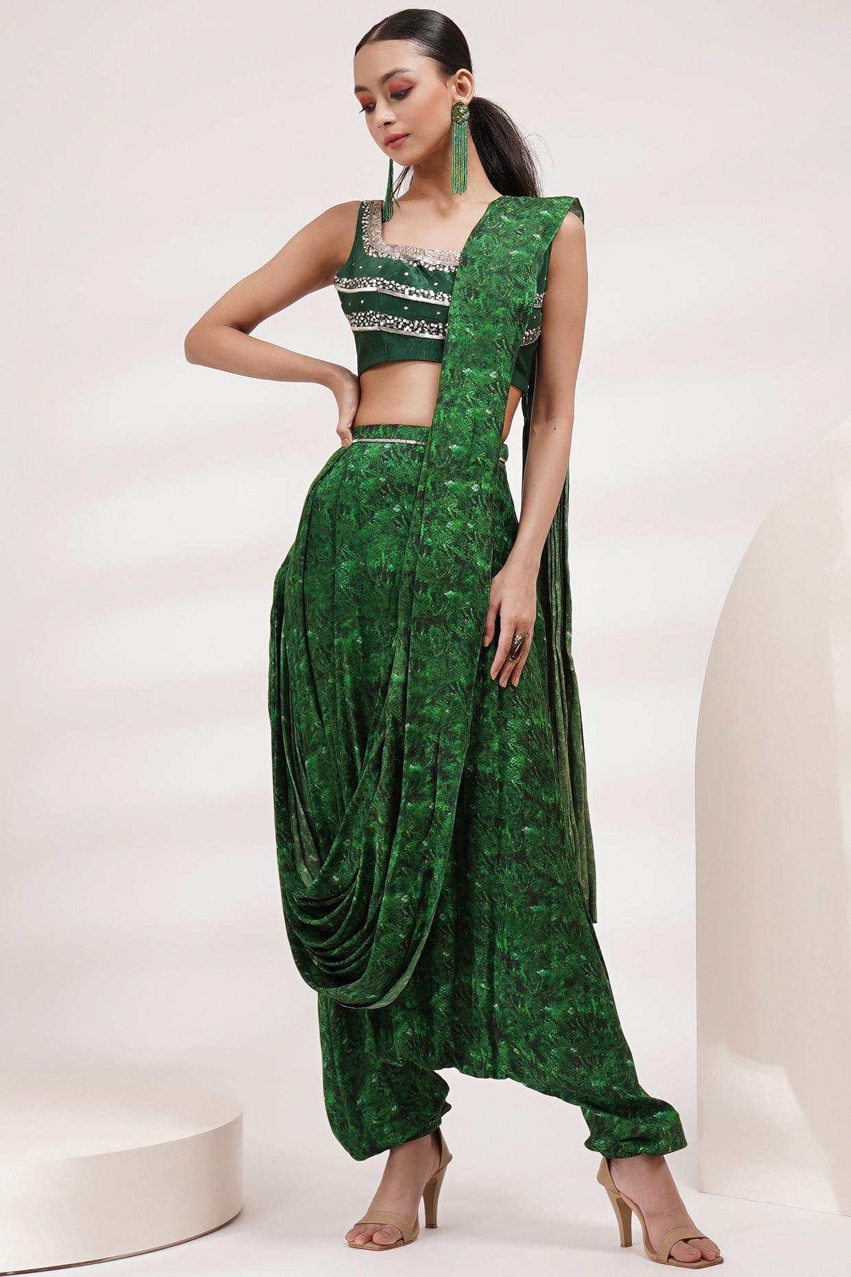 Green Upada Silk Cotton Voile Dhoti Saree Set by Breathe By Aakanksha Singh at Pernia s Pop Up Shop 2024