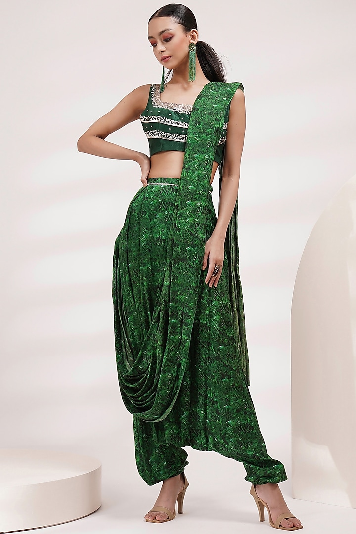 Green Upada Silk & Cotton Voile Dhoti Saree Set by Breathe By Aakanksha Singh at Pernia's Pop Up Shop