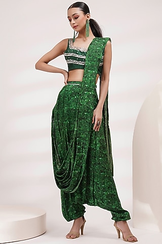 Green Upada Silk & Cotton Voile Dhoti Saree Set by Breathe By Aakanksha Singh