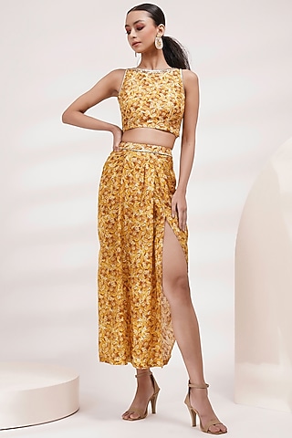 Mustard Upada Silk & Cotton Voile Floral Printed Draped Skirt Set by Breathe By Aakanksha Singh