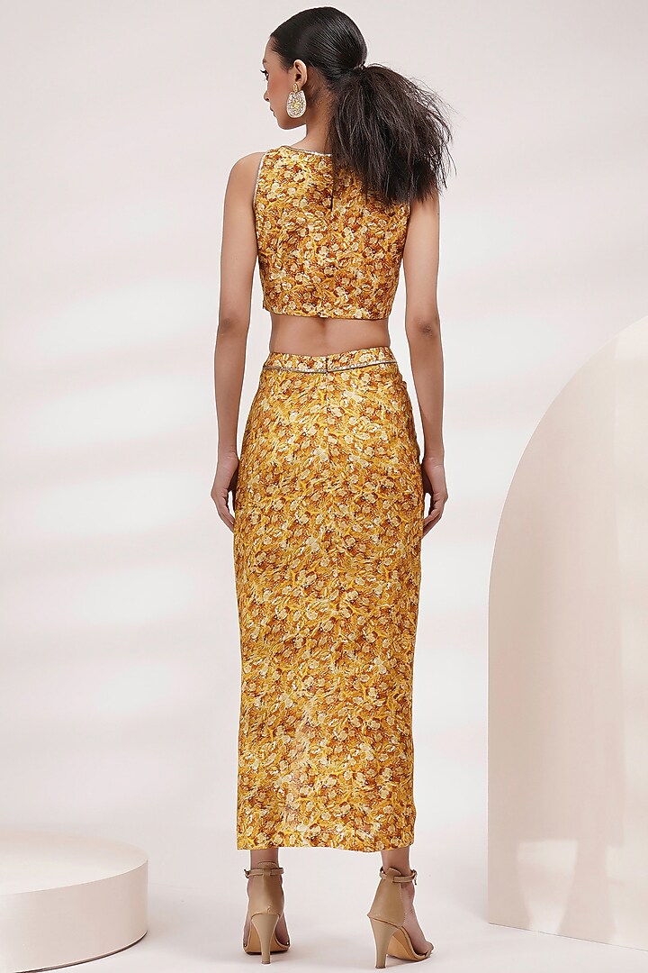 Mustard Upada Silk & Cotton Voile Floral Printed Draped Skirt Set by Breathe By Aakanksha Singh at Pernia's Pop Up Shop