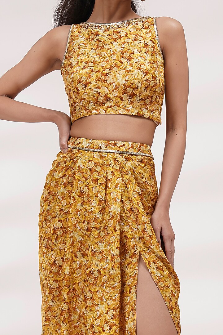Mustard Upada Silk & Cotton Voile Floral Printed Draped Skirt Set by Breathe By Aakanksha Singh at Pernia's Pop Up Shop