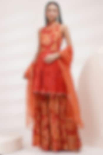 Coral Orange Upada Silk & Cotton Voile Handpainted Sharara Set by Breathe By Aakanksha Singh at Pernia's Pop Up Shop