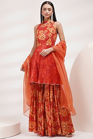 Coral Orange Upada Silk & Cotton Voile Handpainted Sharara Set by Breathe By Aakanksha Singh