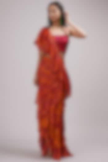 Orange-Fuschia Shimmer Georgette Ruffled Saree Set by Breathe By Aakanksha Singh