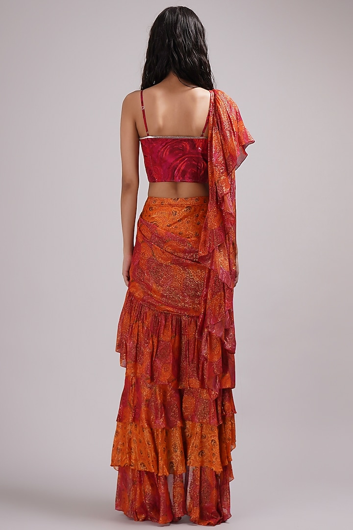 Orange-Fuschia Shimmer Georgette Ruffled Wedding Saree Set by Breathe By Aakanksha Singh at Pernia's Pop Up Shop