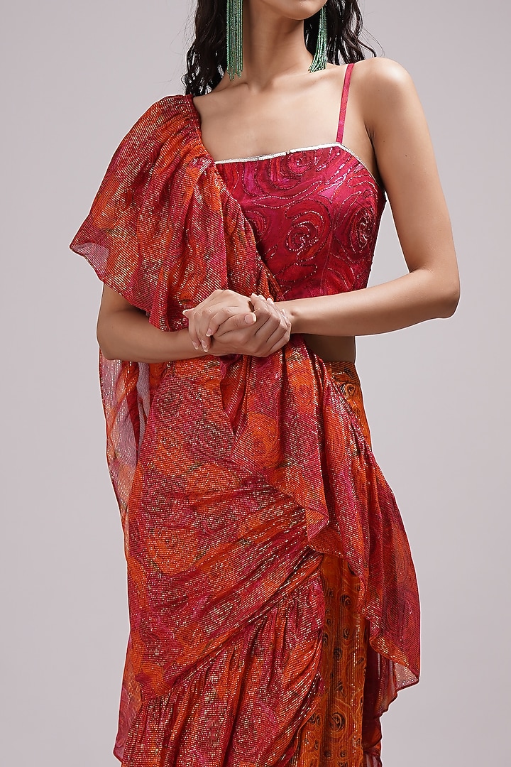 Orange-Fuschia Shimmer Georgette Ruffled Wedding Saree Set by Breathe By Aakanksha Singh at Pernia's Pop Up Shop