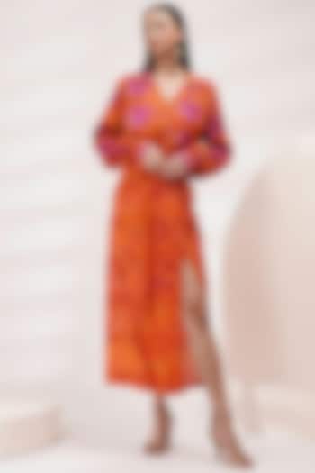 Orange-Pink Upada Silk & Cotton Voile Hand Painted Draped Skirt Set by Breathe By Aakanksha Singh