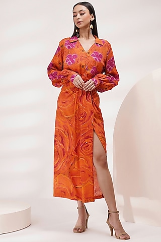 Orange-Pink Upada Silk & Cotton Voile Hand Painted Draped Skirt Set by Breathe By Aakanksha Singh
