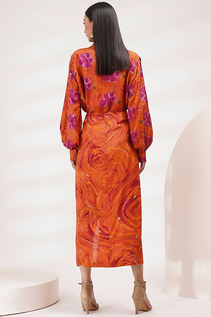 Orange-Pink Upada Silk & Cotton Voile Hand Painted Draped Skirt Set by Breathe By Aakanksha Singh at Pernia's Pop Up Shop