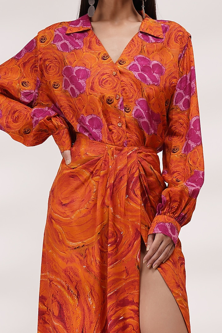 Orange-Pink Upada Silk & Cotton Voile Hand Painted Draped Skirt Set by Breathe By Aakanksha Singh at Pernia's Pop Up Shop