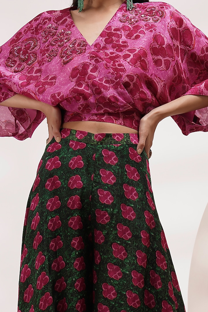 Pink-Green Upada Silk & Cotton Voile Hand-Painted Party Wear Sharara Set by Breathe By Aakanksha Singh at Pernia's Pop Up Shop