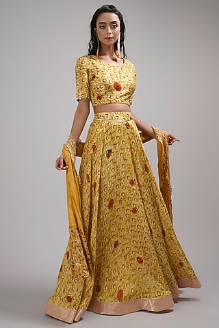 Yellow-Orange Upada Silk & Chinon Hand Painted Lehenga Set by Breathe By Aakanksha Singh