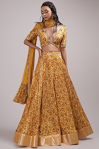 Mustard Upada Silk & Shimmer Georgette Hand Painted Lehenga Set by Breathe By Aakanksha Singh