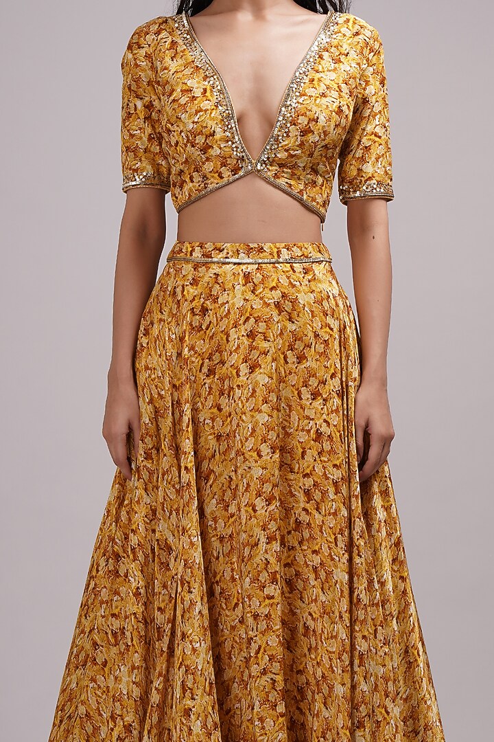 Mustard Upada Silk & Shimmer Georgette Hand Painted Wedding Lehenga Set by Breathe By Aakanksha Singh at Pernia's Pop Up Shop