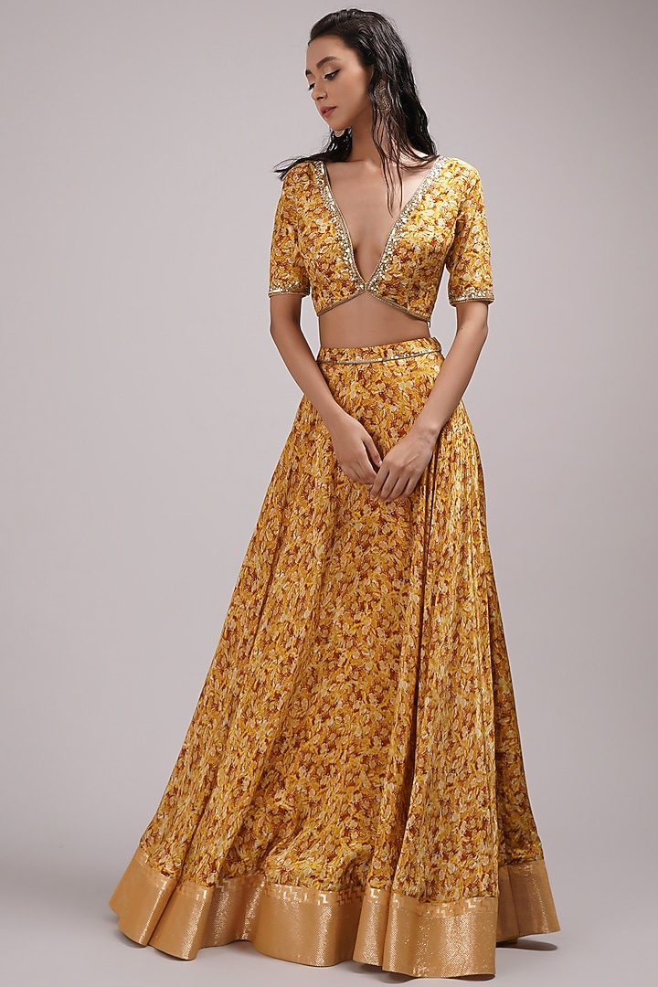 Mustard Upada Silk & Shimmer Georgette Hand Painted Wedding Lehenga Set by Breathe By Aakanksha Singh at Pernia's Pop Up Shop
