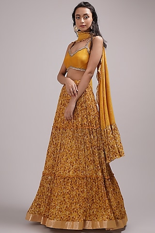 Mustard Upada Silk & Shimmer Georgette Hand Painted Three-Tiered Lehenga Set by Breathe By Aakanksha Singh