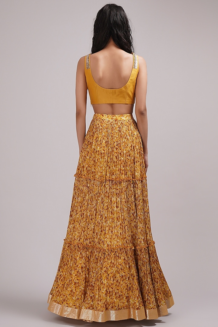 Mustard Upada Silk & Shimmer Georgette Hand Painted Three-Tiered Wedding Lehenga Set by Breathe By Aakanksha Singh at Pernia's Pop Up Shop
